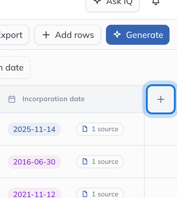 The Add column button in the grid header.