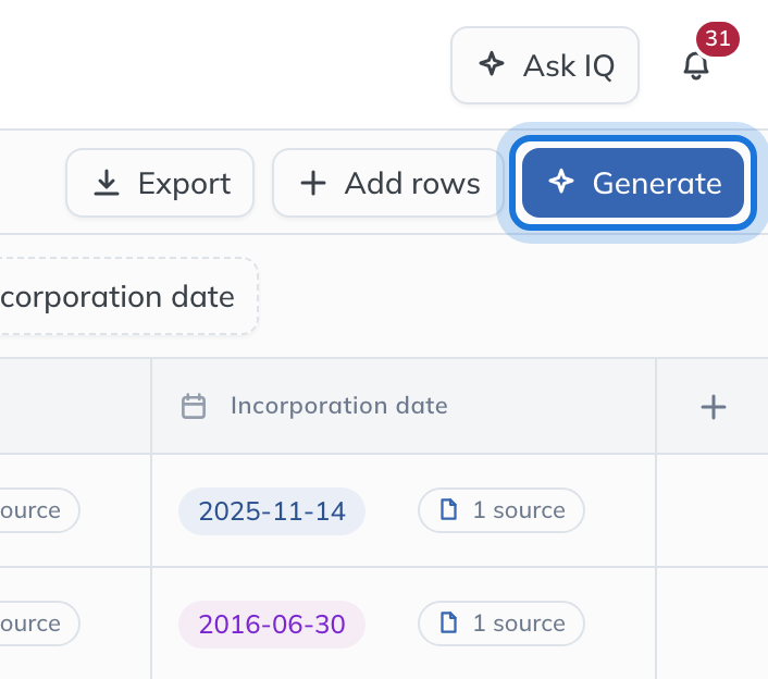 The Generate button at the top right of the grid, beside Export and Add rows.