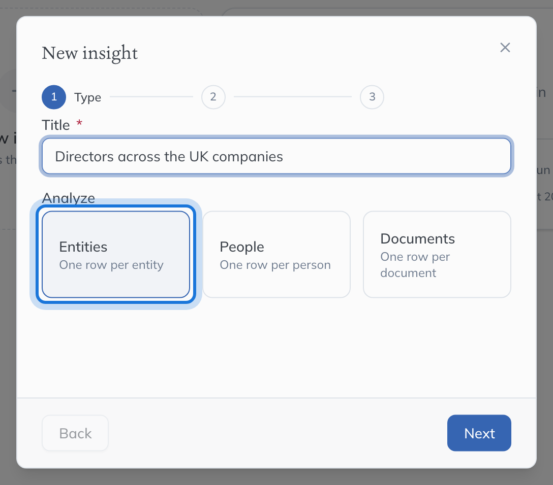 The New insight window on its Type step: a title, and a choice of Entities, People or Documents.