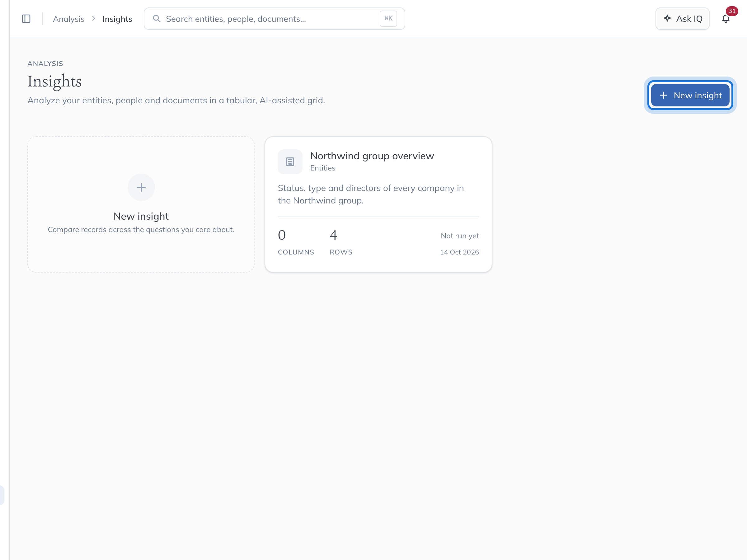 The Insights page, with a saved insight and the New insight button highlighted.