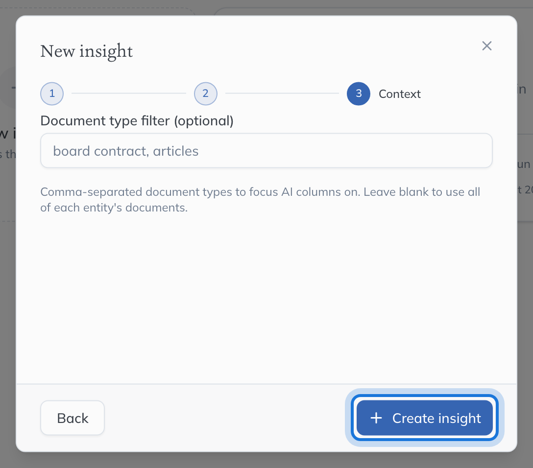 The Context step, with an optional document type filter and the Create insight button.