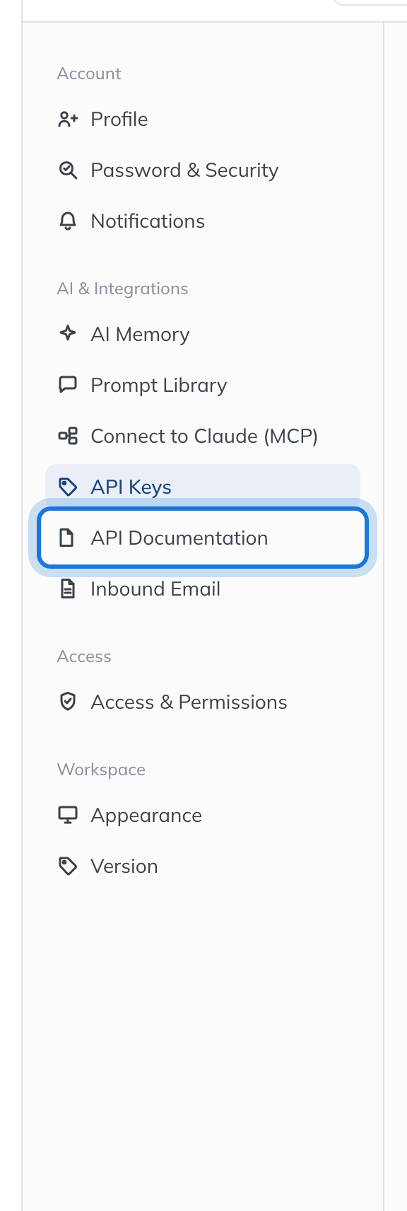 The Settings menu, with API Documentation highlighted under AI & Integrations.