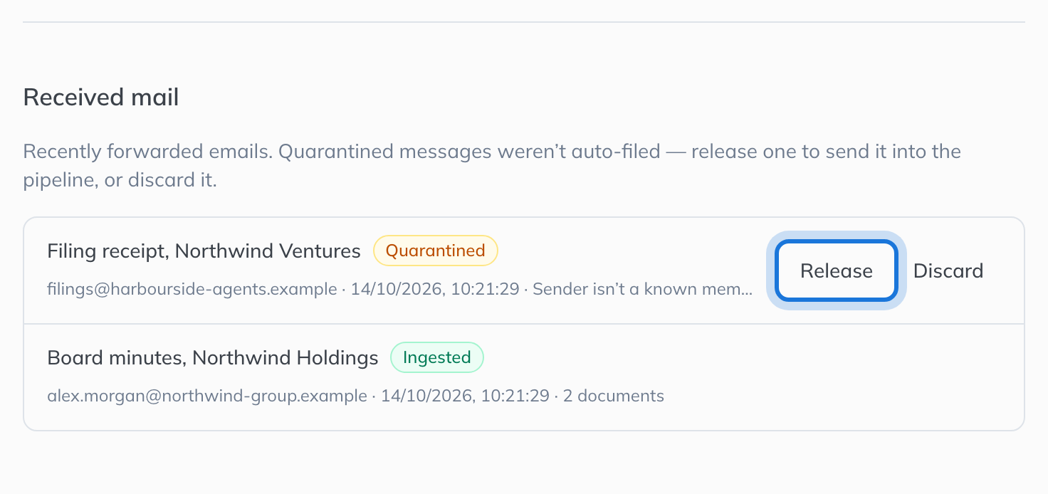 Received mail: a member’s forward ingested as two documents, and a message from an outside sender quarantined, with Release and Discard.