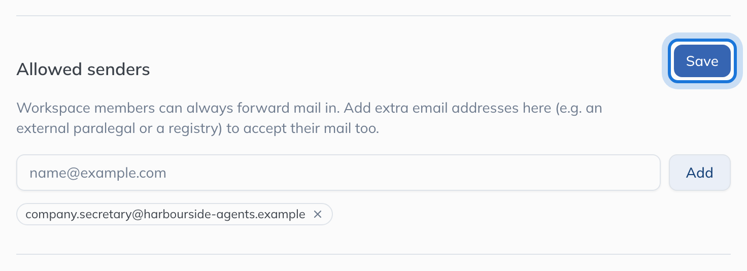 Allowed senders, with an outside address added and Save highlighted.