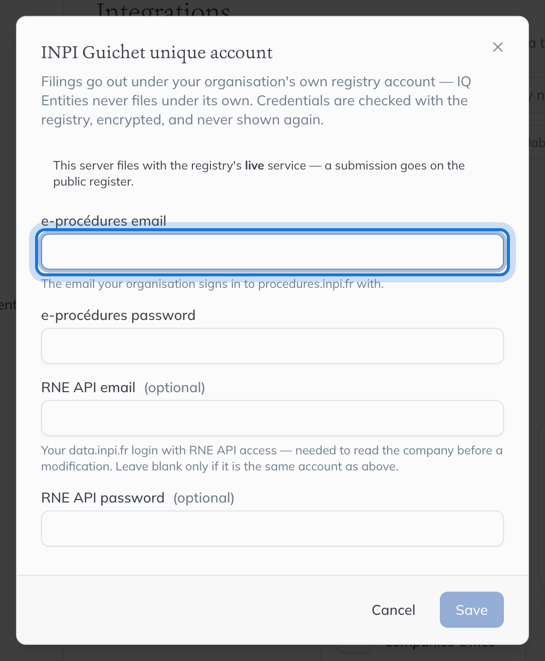 The INPI Guichet unique account dialog, asking for the e-procédures email and password and, optionally, a separate RNE API login.