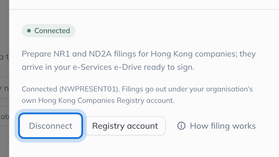 The Hong Kong Companies Registry panel once the account is saved: Connected, with Disconnect.