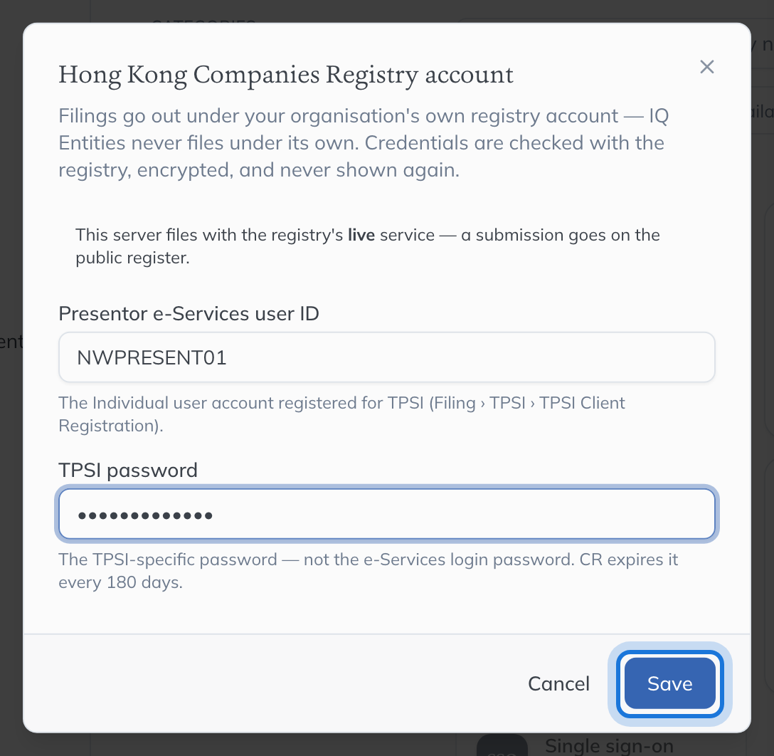 The Hong Kong Companies Registry account dialog, with the presentor user ID and TPSI password filled in and Save highlighted.