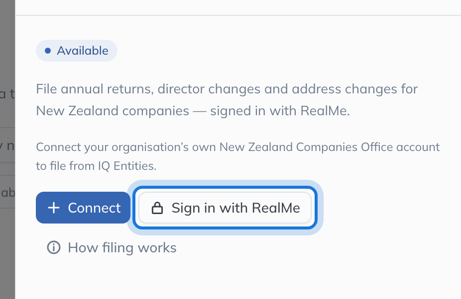 The New Zealand Companies Office panel, with Sign in with RealMe highlighted beside How filing works.