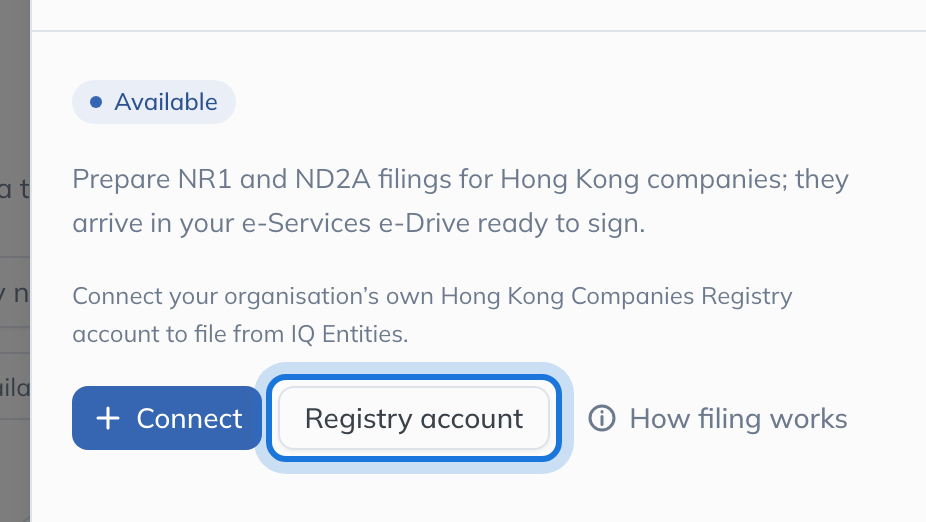 The Hong Kong Companies Registry panel, with Registry account highlighted beside How filing works.