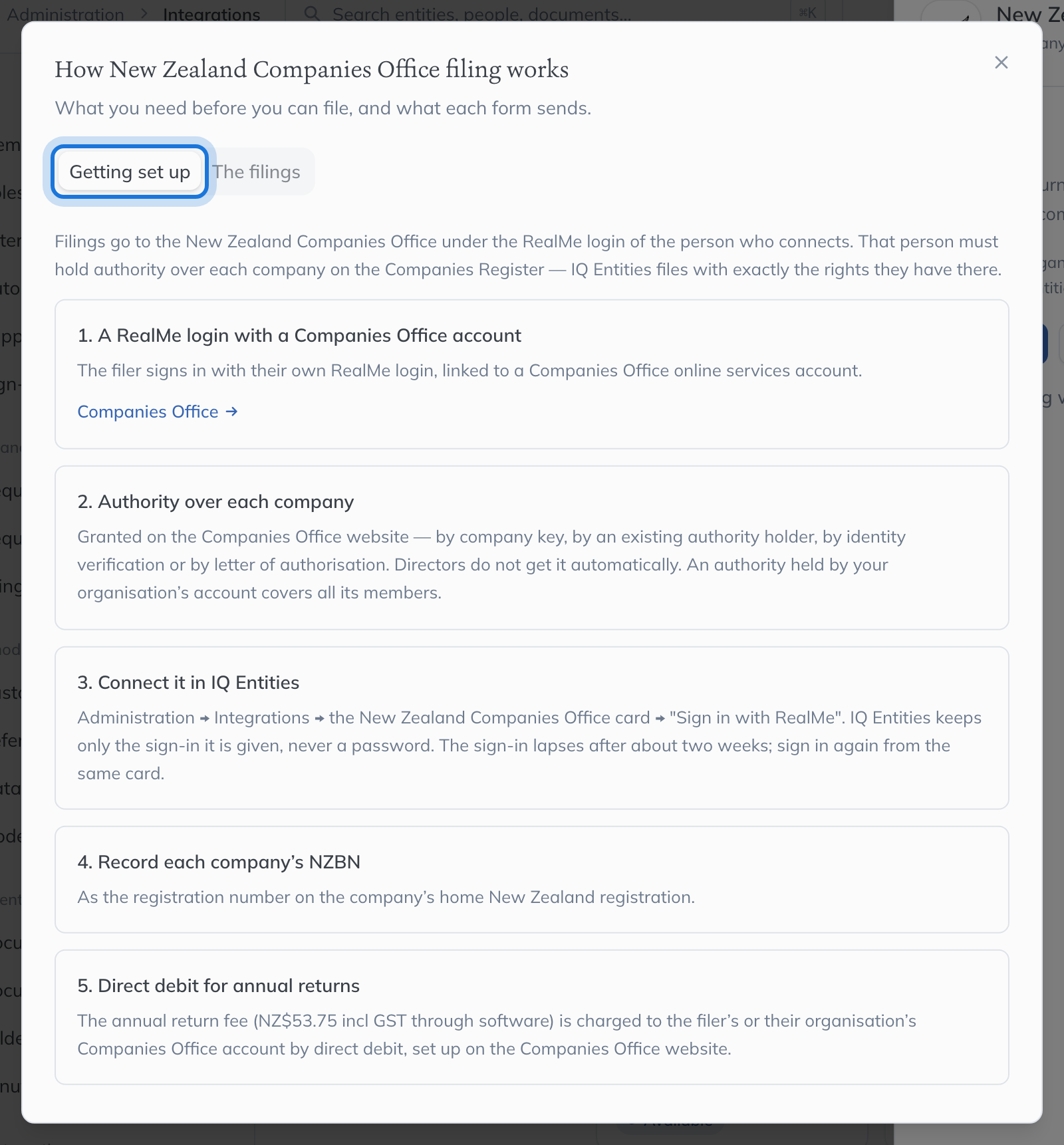 How New Zealand Companies Office filing works: the set-up steps, from a RealMe login with a Companies Office account to direct debit for annual returns.