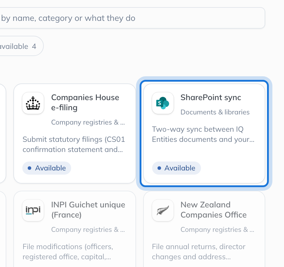 The SharePoint sync tile in the Integrations catalogue, showing its category, what it does and that it is available.