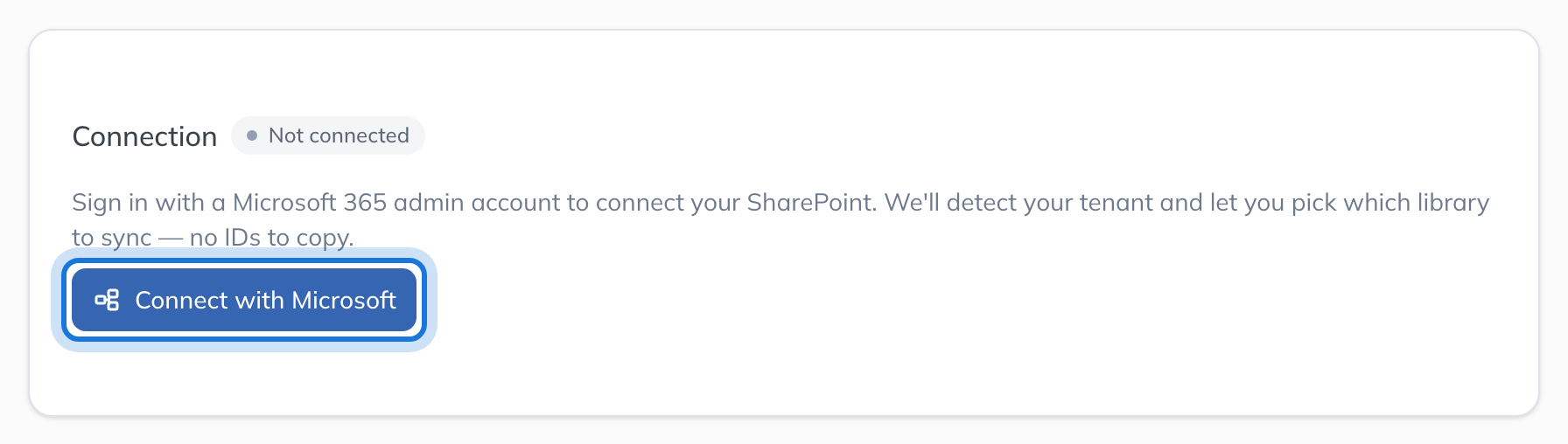 The SharePoint sync page, not connected yet, with Connect with Microsoft highlighted.