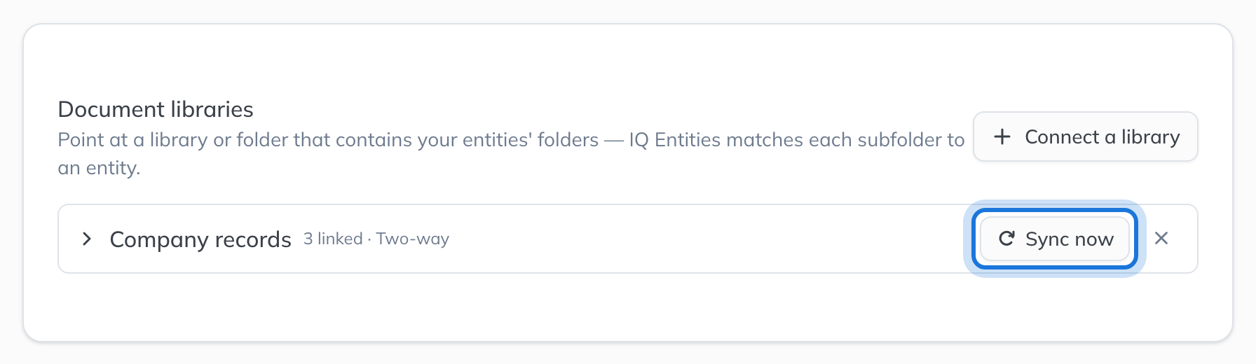 Document libraries: the Company records library, three entity folders linked, syncing both ways, with Sync now highlighted.