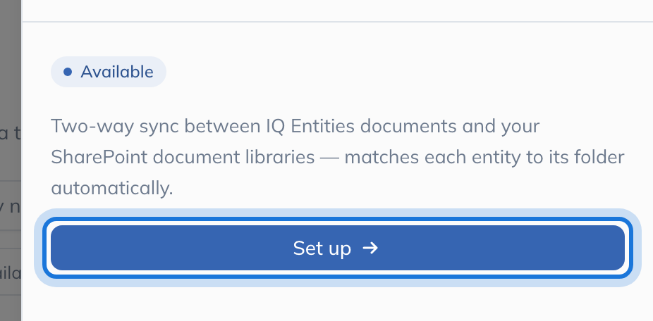 The SharePoint sync panel: available, what it does, and Set up highlighted.