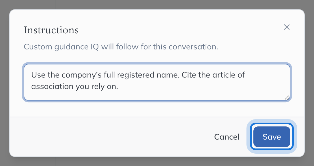 The Instructions window, where you write guidance IQ follows for this conversation.