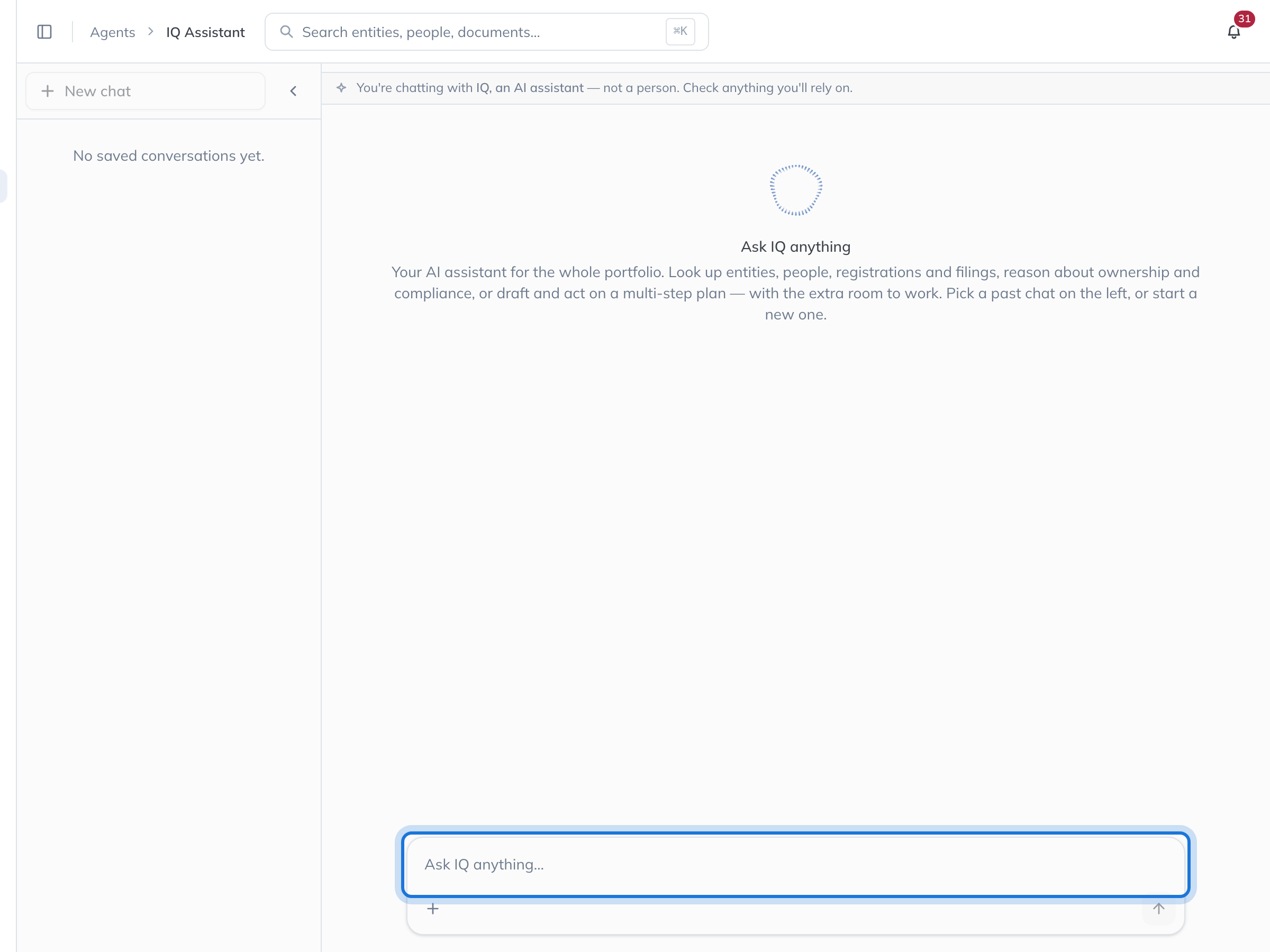 The IQ Assistant page: past chats on the left, Ask IQ anything in the middle, and the box to type a question at the foot.