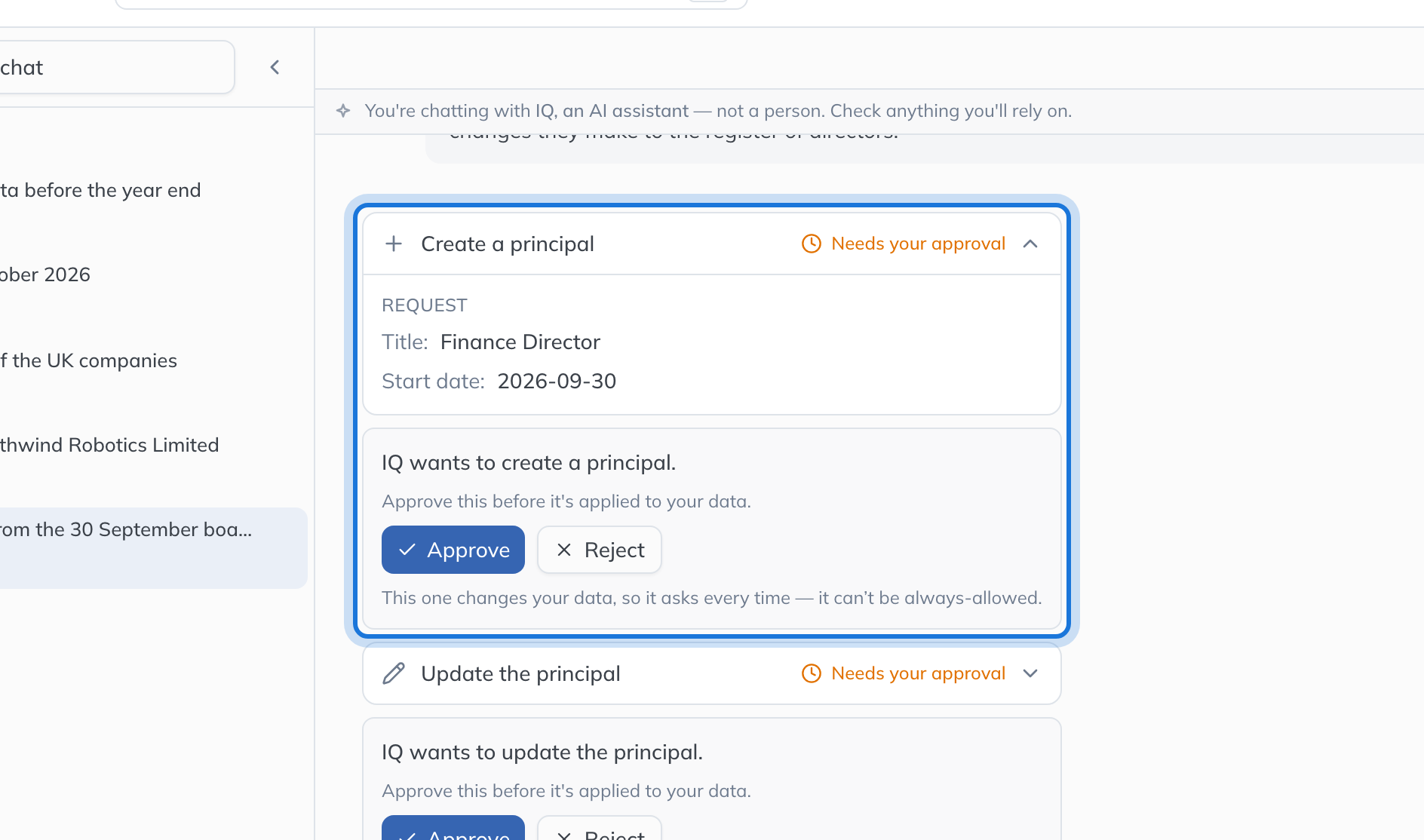 IQ asking to create a principal, the appointment, opened to show the request: title Finance Director, start date 30 September 2026.