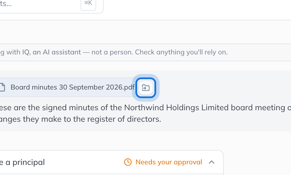 The minutes attached to the question in the chat, with the File under entity button showing on the file.