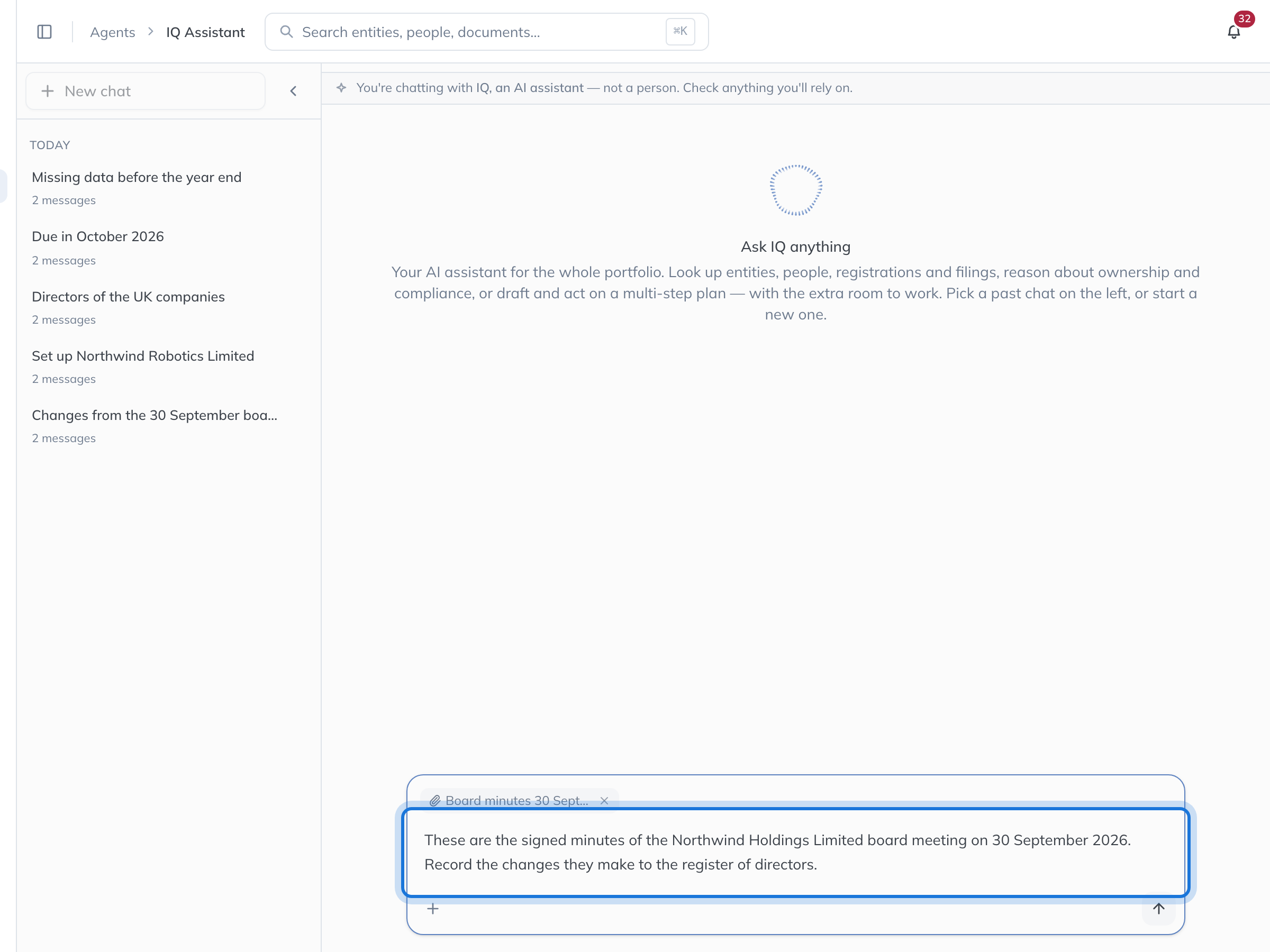 A new chat on the IQ Assistant page: the signed board minutes attached to the question box, with a question asking IQ to record the changes they make.
