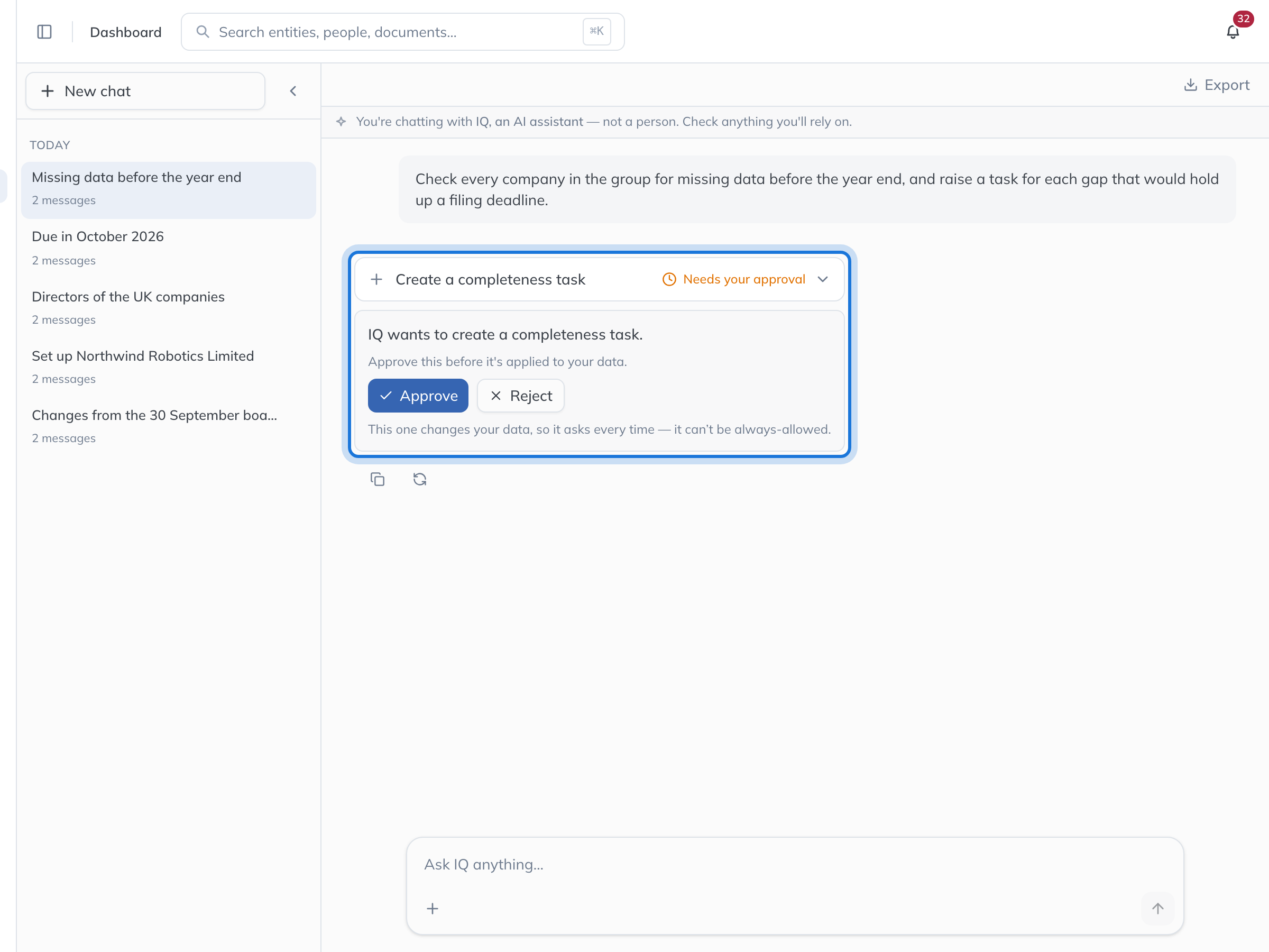 IQ asking to create a completeness task, to track a data gap, with Approve and Reject.