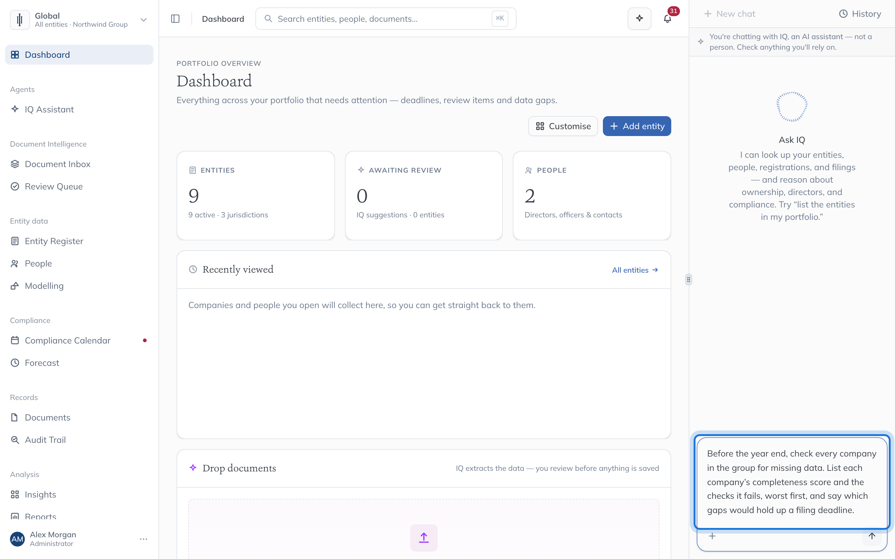 IQ open beside the dashboard, with a question typed asking it to check every company in the group for missing data before the year end.
