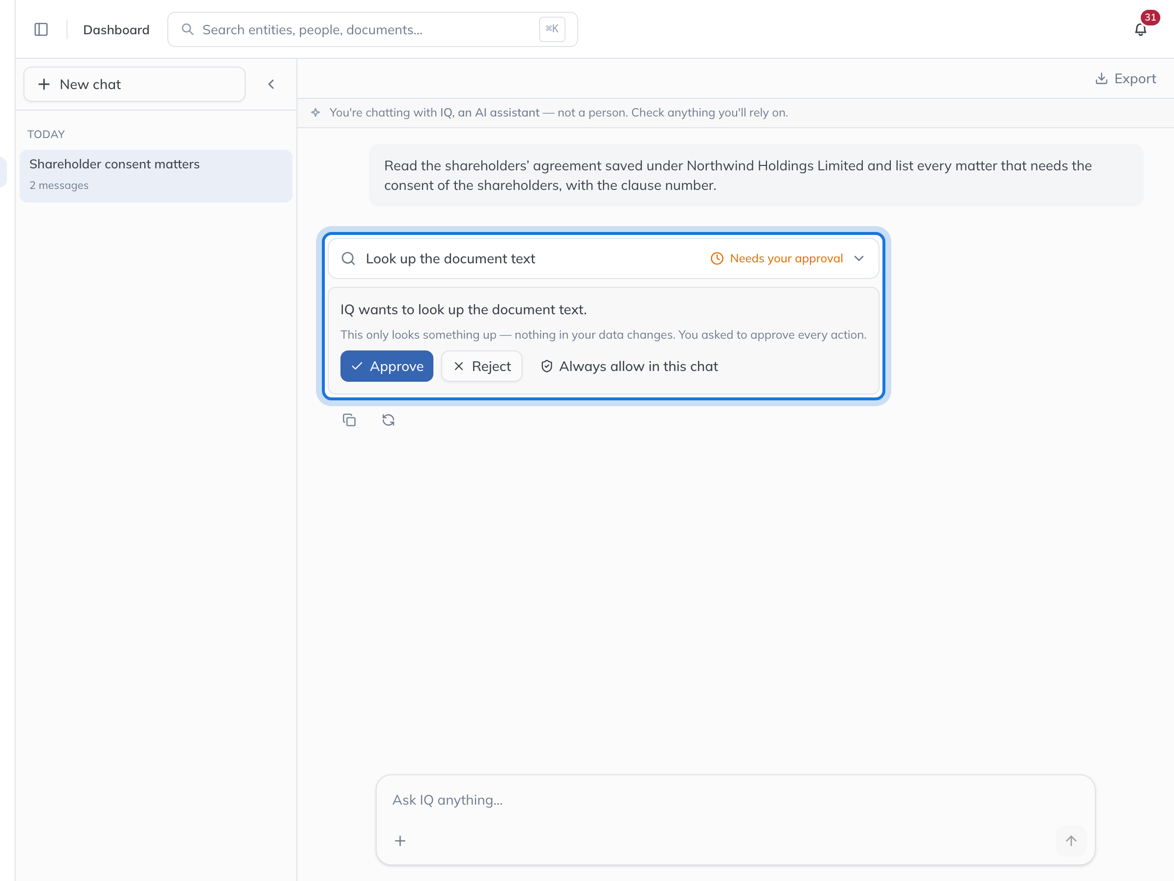 IQ asking to look up the document text, with the note that this only looks something up, and Always allow in this chat.