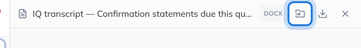 The exported transcript’s header in the panel beside the chat, with File under entity, Download and Close.