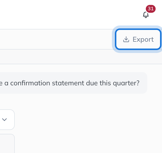 The Export button above an IQ chat, with past chats listed on the left.