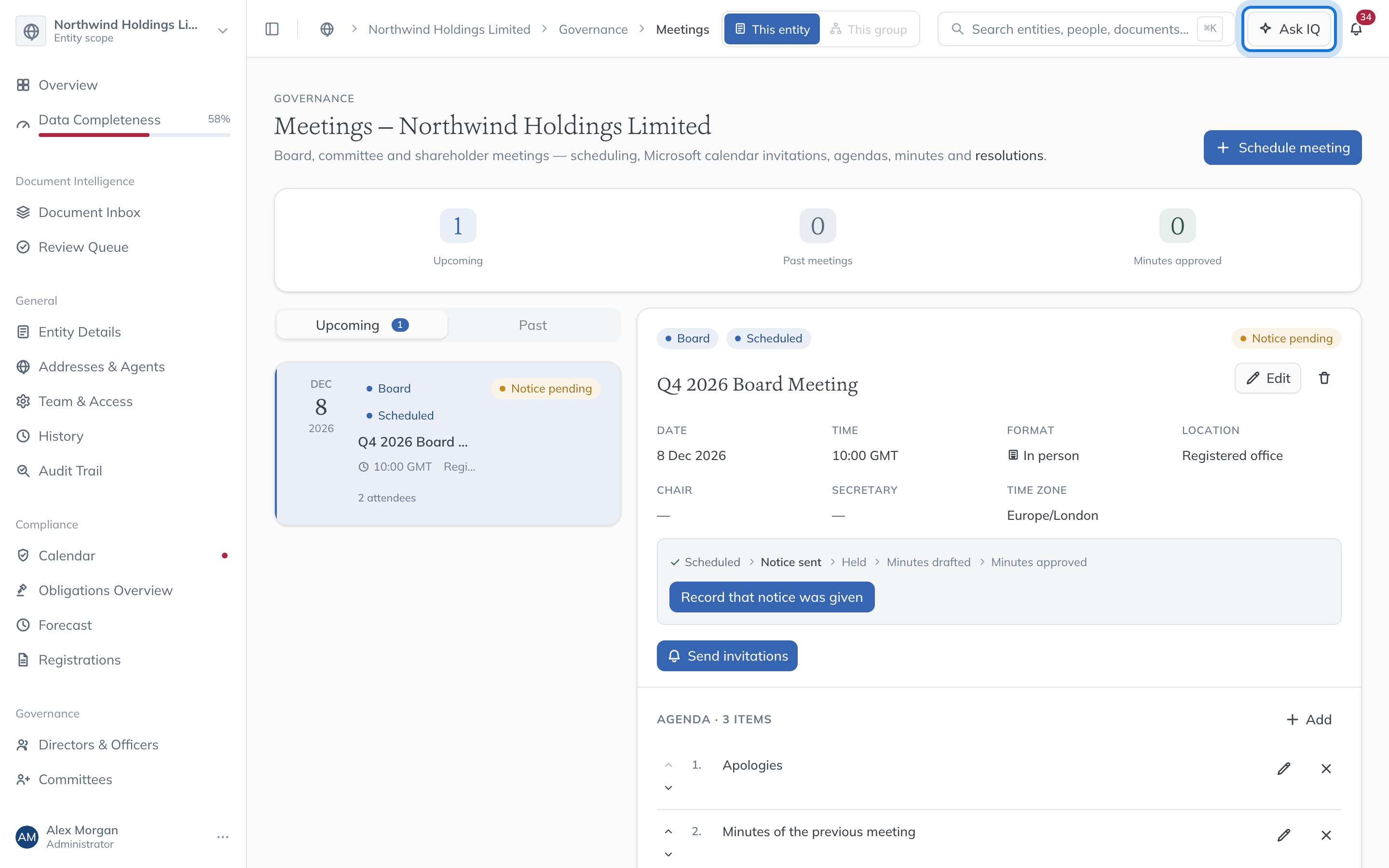 The Q4 2026 Board Meeting open on the Meetings page of Northwind Holdings Limited, with Ask IQ highlighted in the top bar.