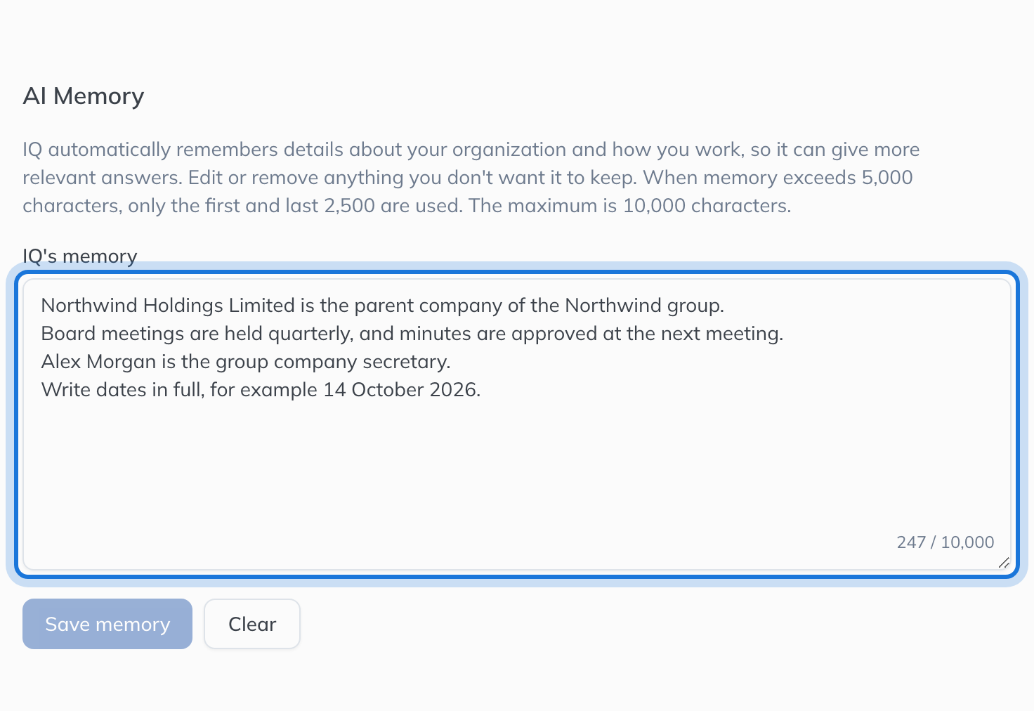 The AI Memory page, with what IQ remembers in an editable box and a count of characters used.