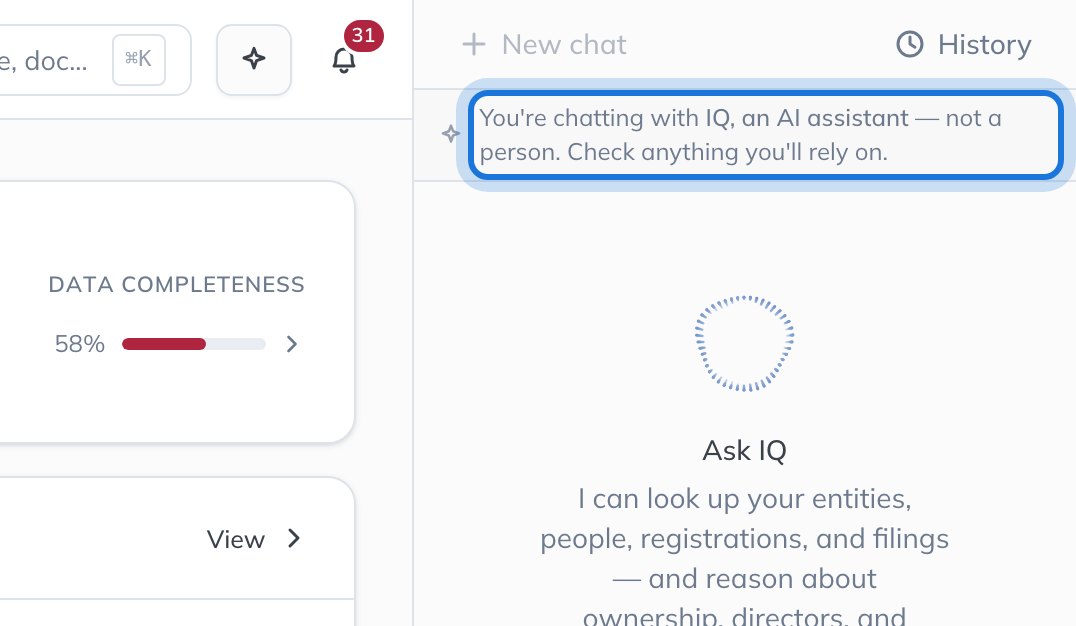 The line at the top of every chat: you are chatting with IQ, an AI assistant, not a person; check anything you will rely on.