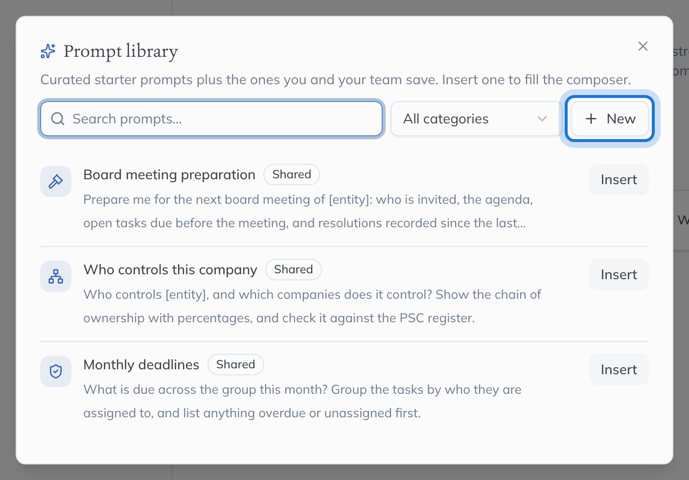 The Prompt library: a search box, a category filter, New, and the saved prompts, each marked Shared, with Insert.
