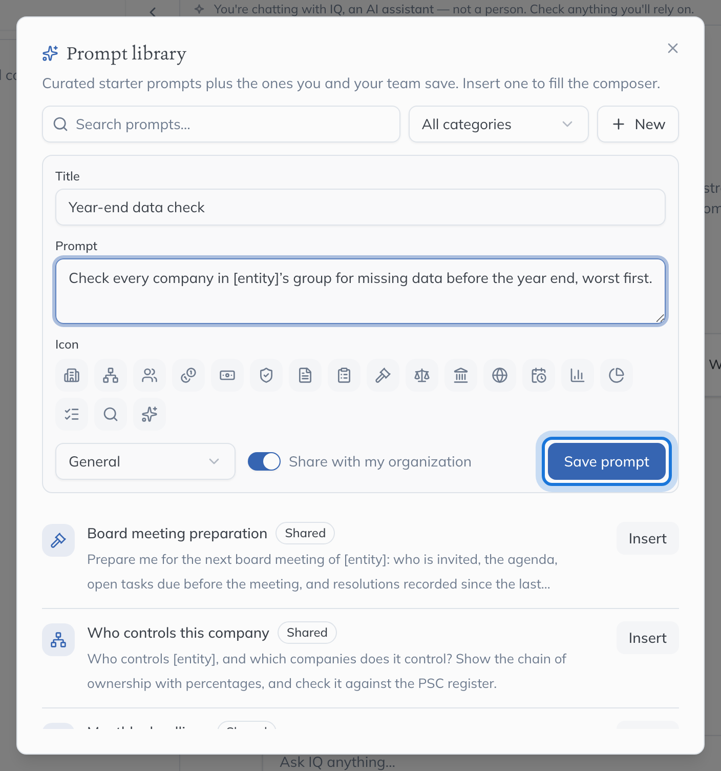 A new prompt being written: a title, the prompt with [entity] where the company’s name goes, an icon, a category, Share with my organization switched on, and Save prompt.