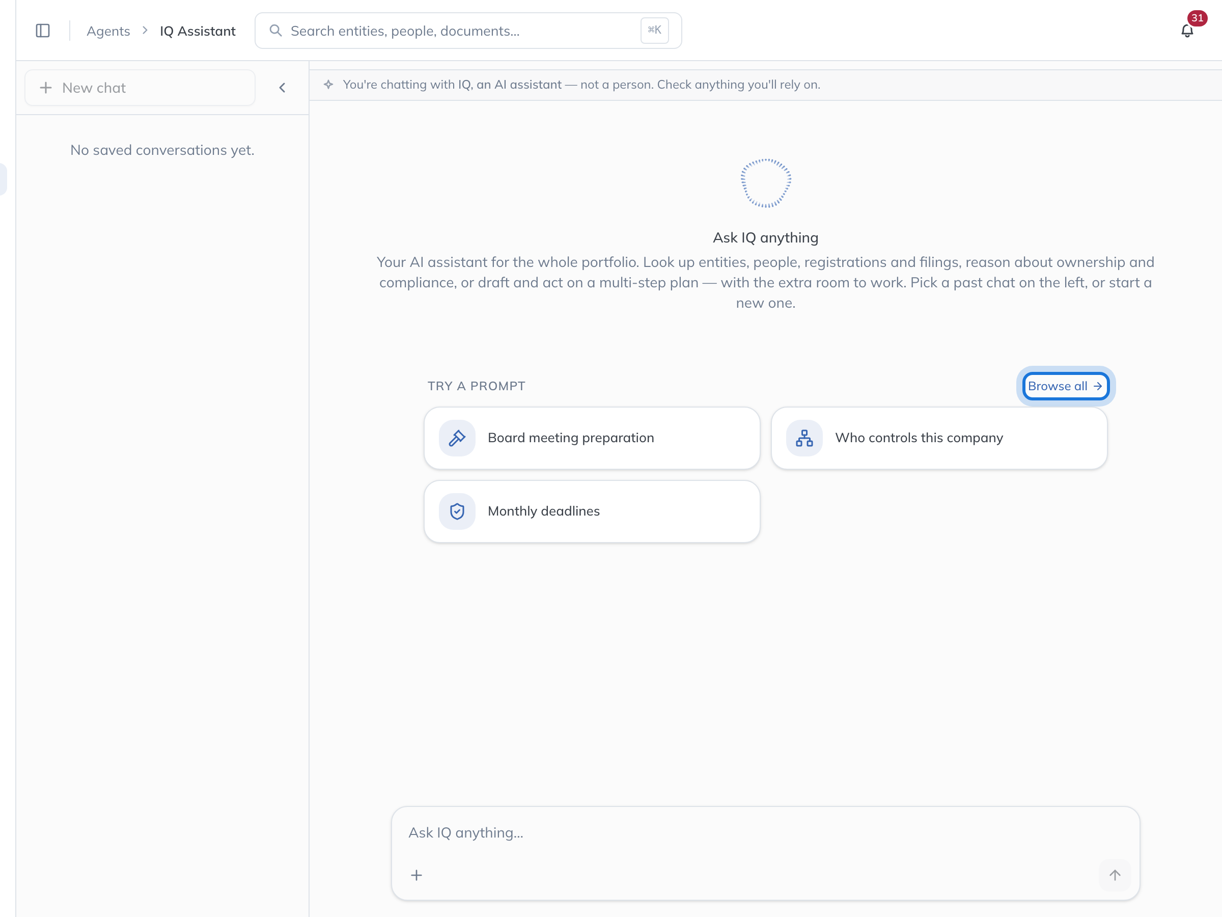 The IQ Assistant page with the team’s saved prompts listed under Try a prompt, and Browse all highlighted.