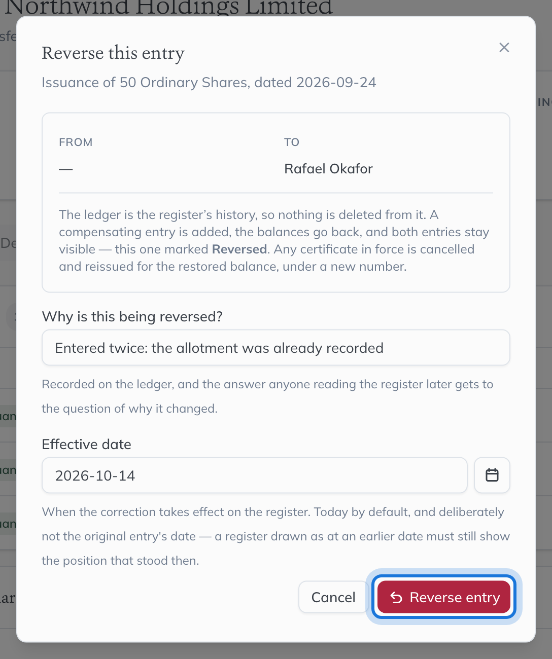 The Reverse this entry dialog, with the reason given and the effective date of the correction.