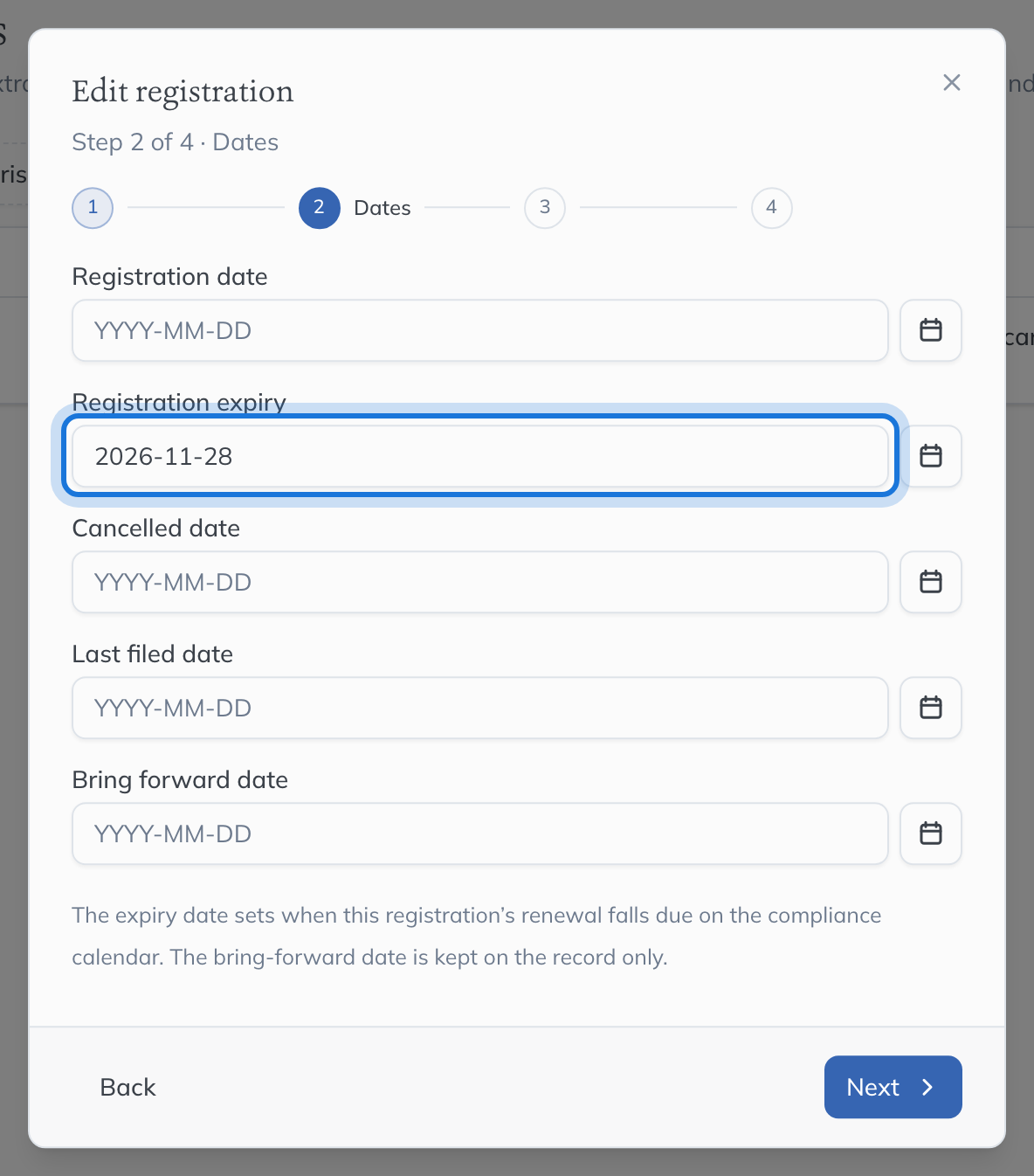 The Dates step of the registration, with Registration expiry highlighted.