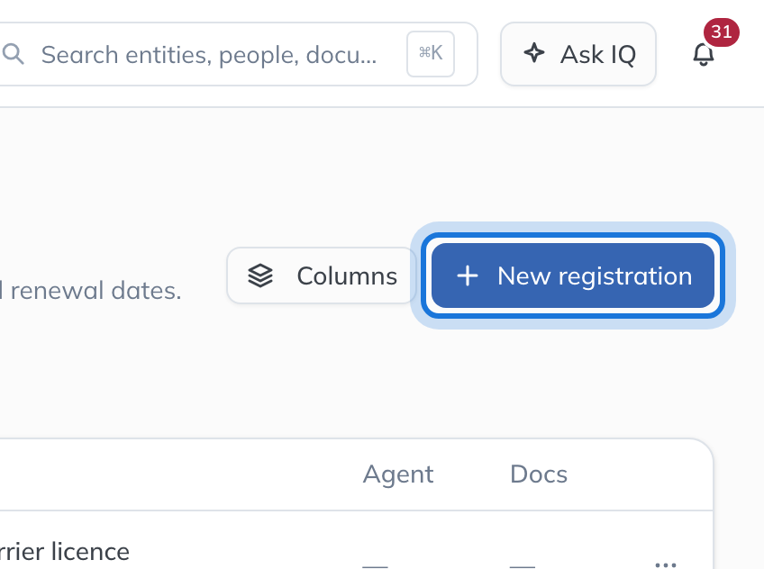 The New registration button at the top right of the Registrations page, highlighted.