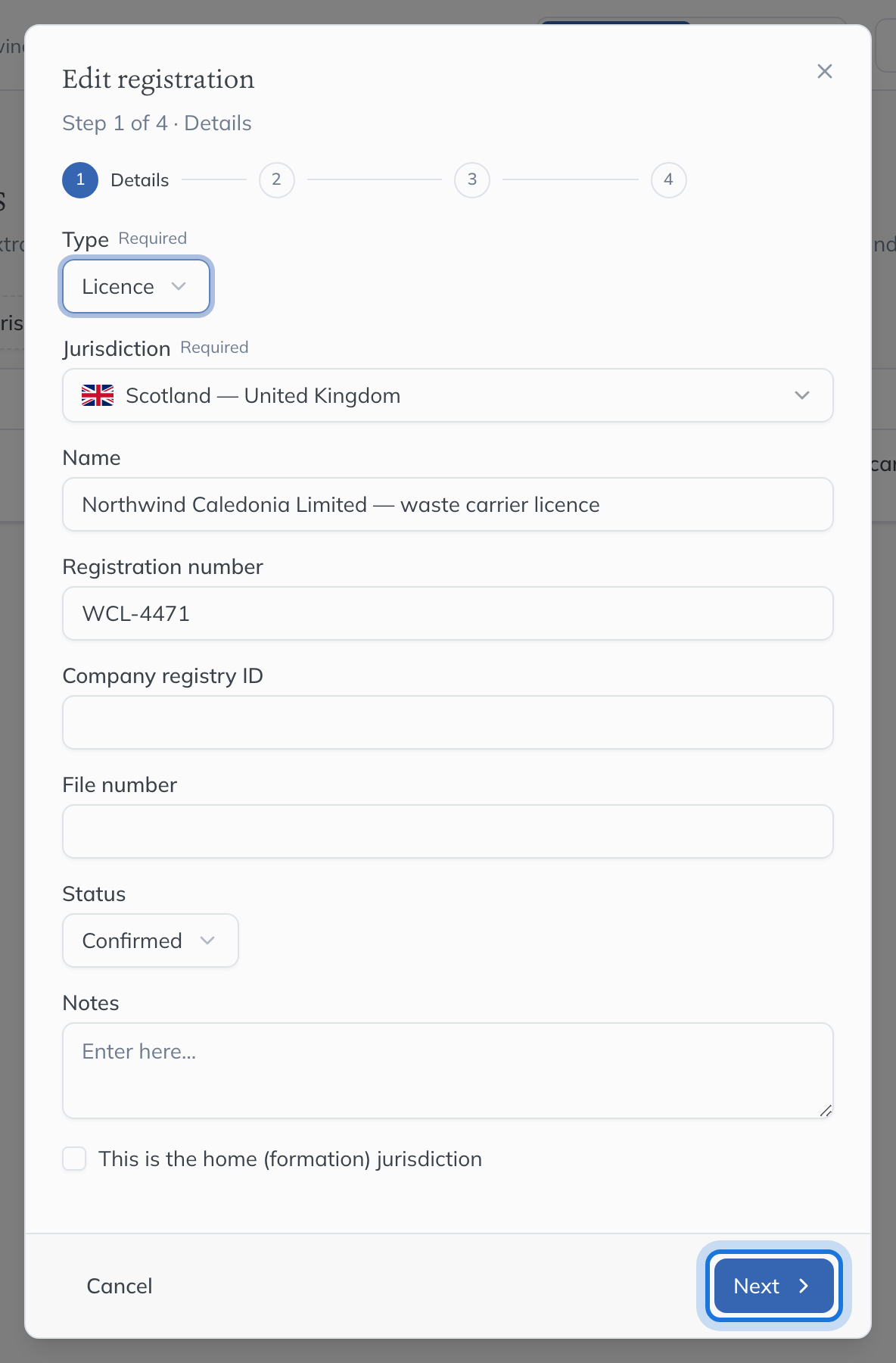 The Edit registration dialog on its Details step, with Next highlighted.