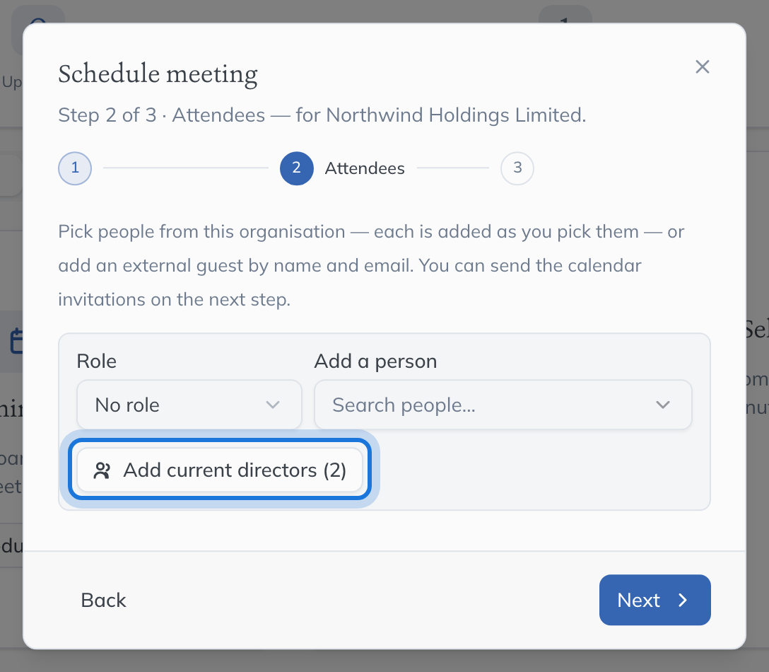 The Attendees step, with the button that adds the company’s current directors highlighted.