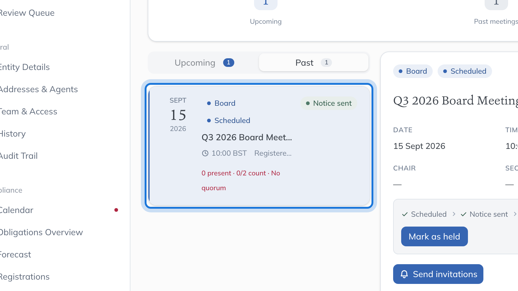 Past meetings, with the Q3 2026 Board Meeting highlighted.