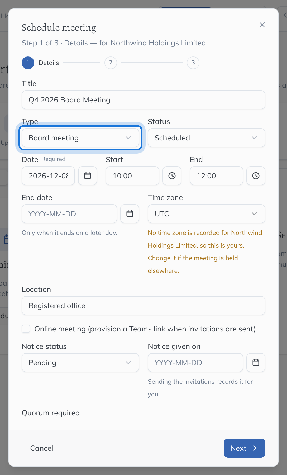 Step 1 of the Schedule meeting dialog: a board meeting titled Q4 2026 Board Meeting on 8 December 2026.