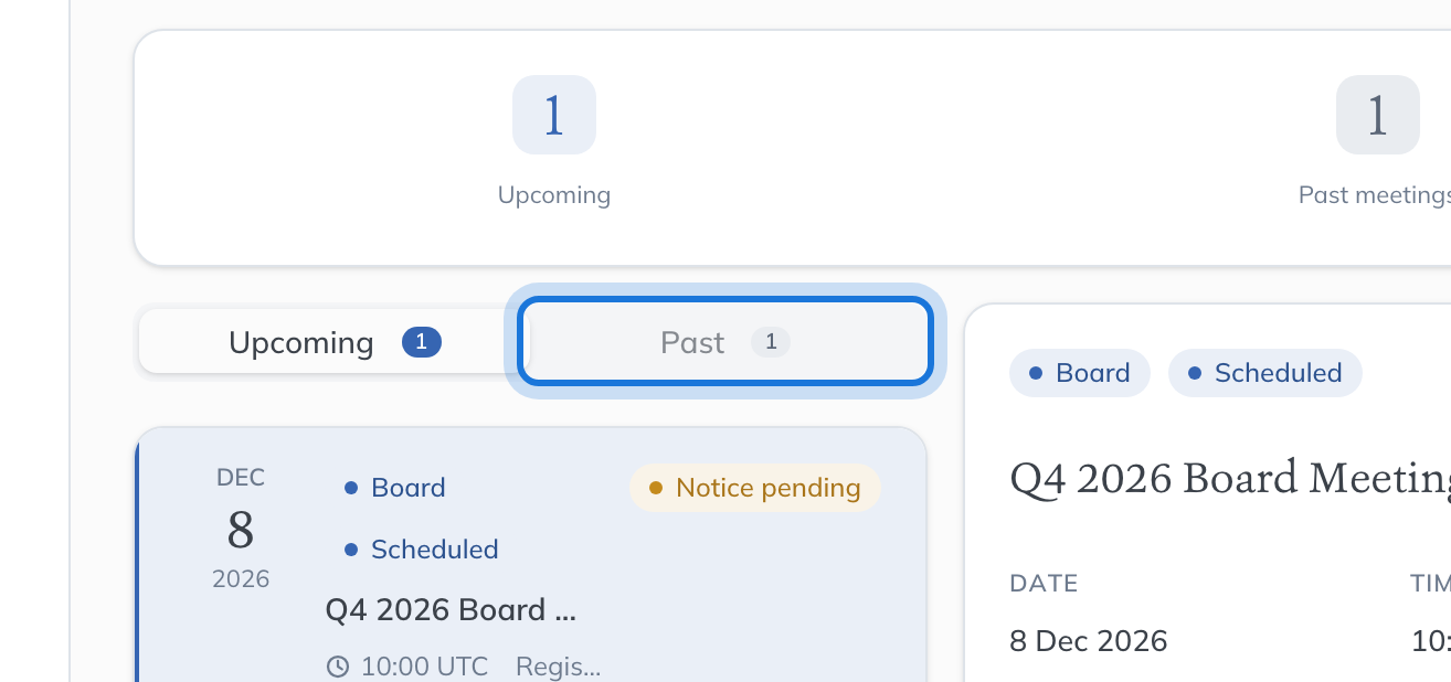 The meeting tabs, with Past highlighted.