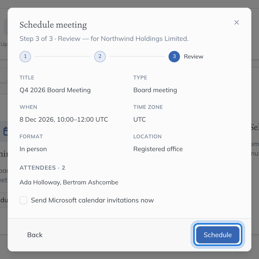 The Review step summarising the meeting and its two attendees, with calendar invitations left unsent and Schedule highlighted.