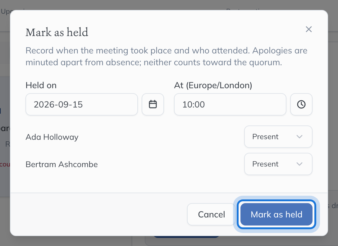 The Mark as held dialog with the date and time the meeting was held and each attendee’s attendance.