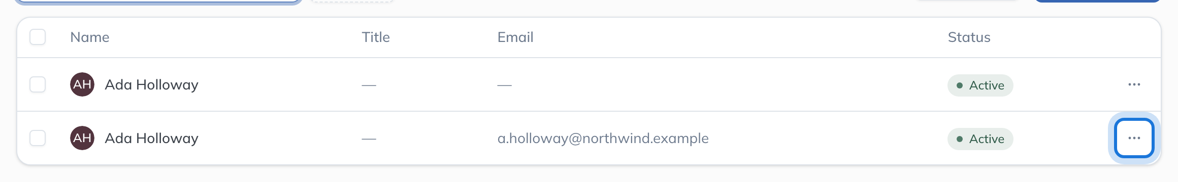 Two Ada Holloway records on the People register, with the actions menu of the duplicate highlighted.
