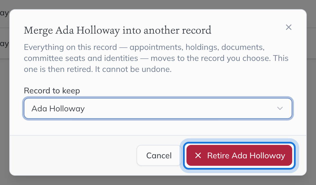 The Merge Ada Holloway into another record dialog, with the record to keep chosen and Retire Ada Holloway highlighted.