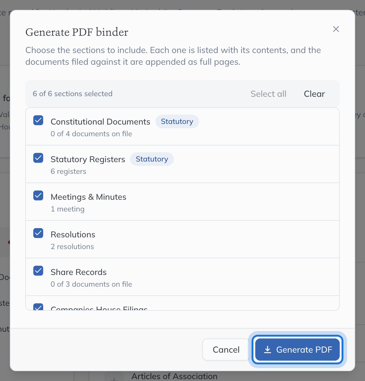 The Generate PDF binder dialog, with every section of the minute book selected.