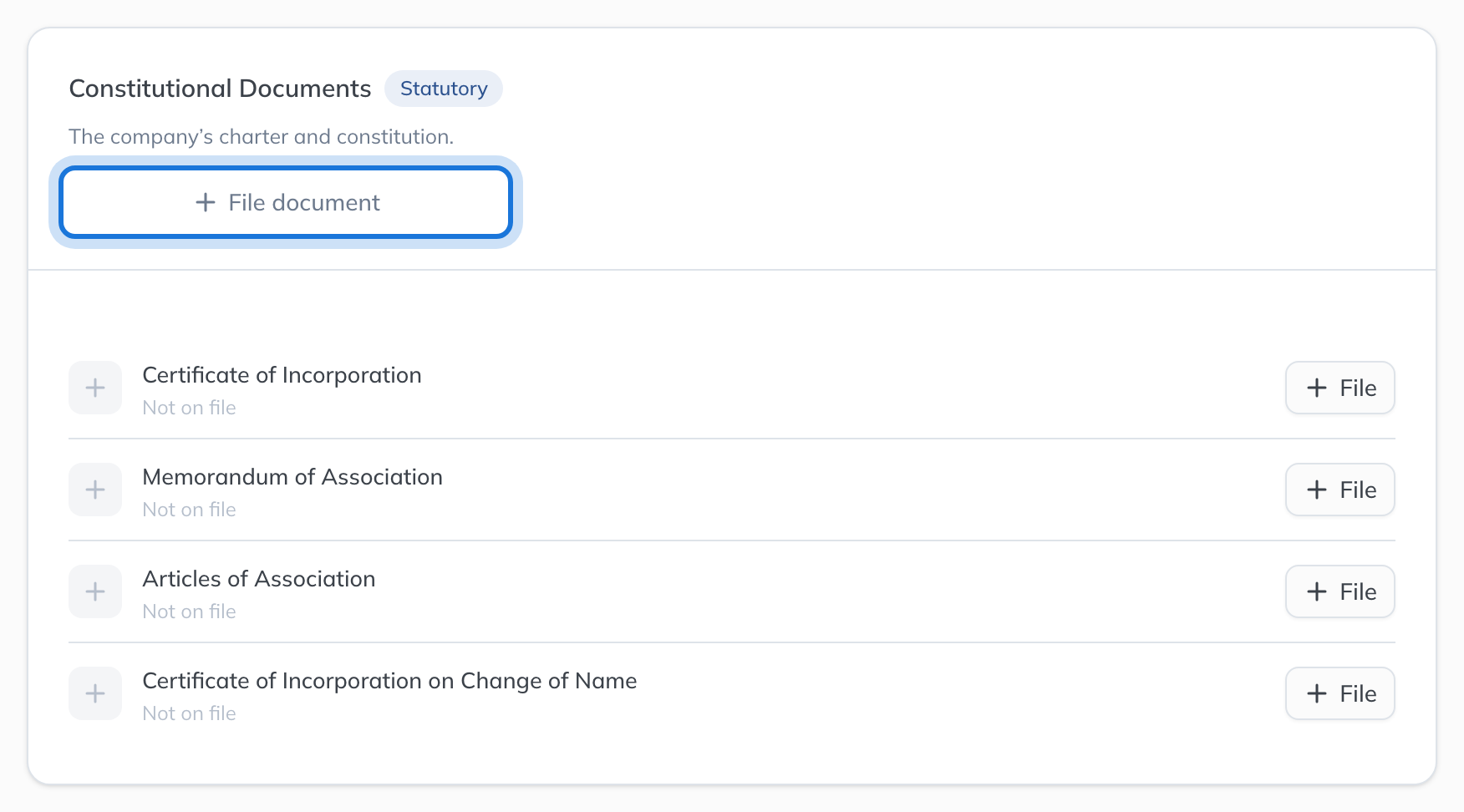 The Constitutional Documents section, listing what should be on file, with File document highlighted.