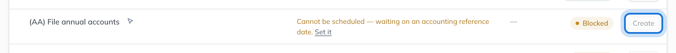The Create button on the same duty, greyed out because the duty has no date yet.