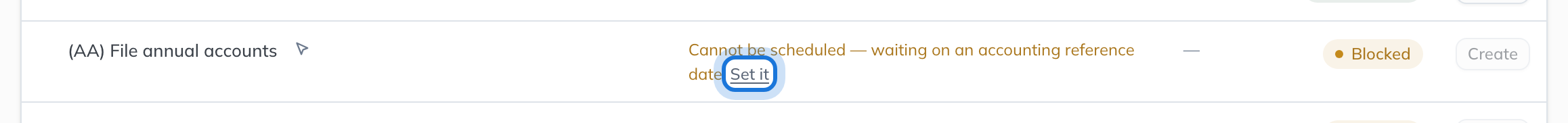 A scheduled duty that says it cannot be scheduled because it is waiting on a fact, with Blocked as its status and Set it beside the reason.